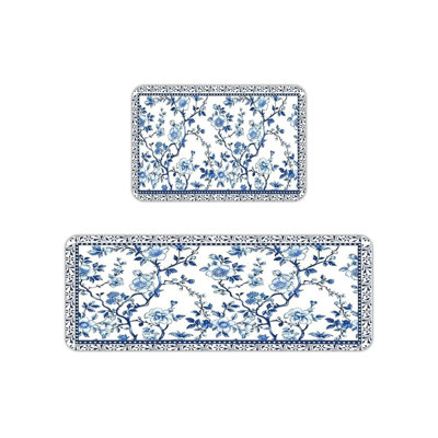 Blue & White Chinoiserie Floral Print Kitchen Mats for Kitchen & Elegant Decor, Blue White Set of 2