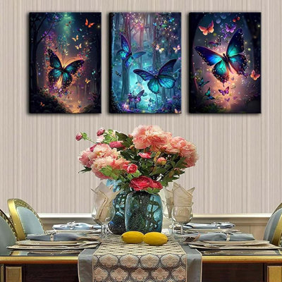 40*30,3Pcs Framed Butterfly Canvas Wall Art Fantasy Forest Butterfly Wall Decoration Picture Butterflies Poster Print Painting.