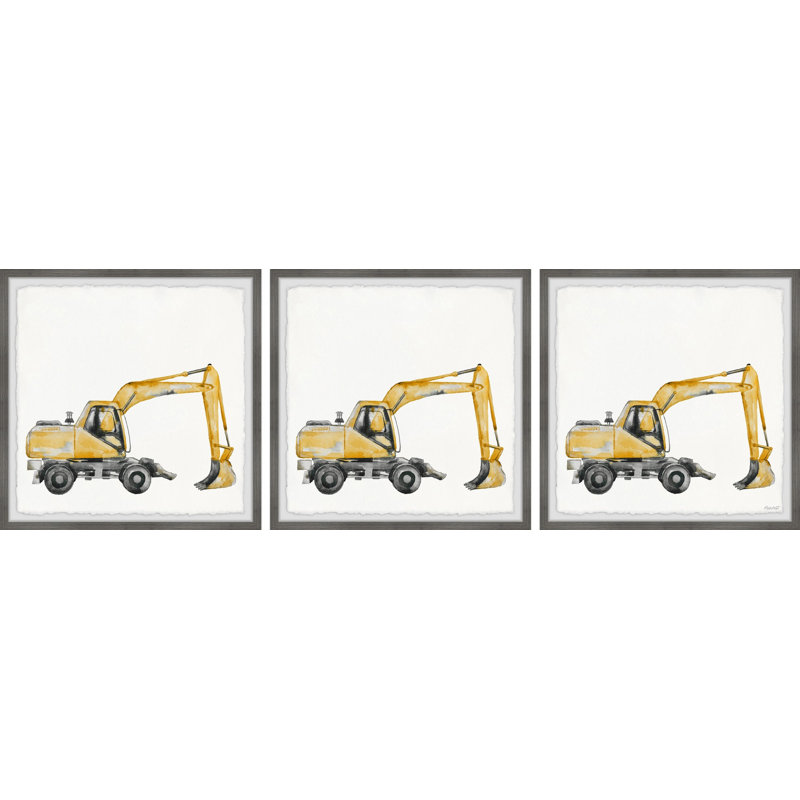 Kenisha Backhoe 3-Piece Framed Art Set, 12" H x 12" W x 1.5" D