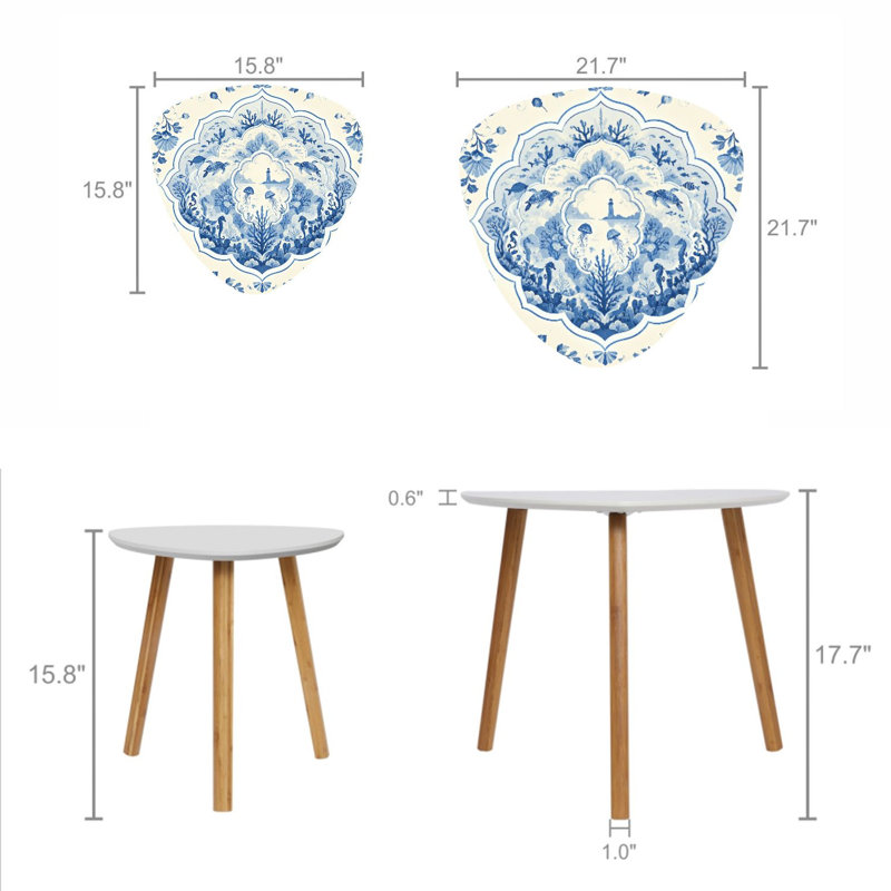 Triangle Nesting Coffee Table Set of 2 Vintage Blue White Underwater Marine Lighthouse End Table Modern Minimalist Side Table Set for Living Room Bedroom