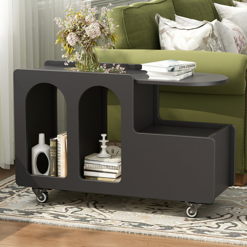 End Table With Lockable Wheels, Side Table With Storage Drawer, Black