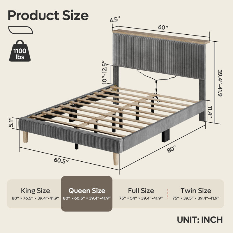Velvet Upholstered Platform Bed Frame With Storage Headboard And LED Lights, Gray, Queen