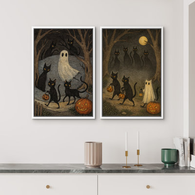 Cute Ghost Wall Art Framed Canvas Print Set of 2 Halloween Holiday Wall Decoration