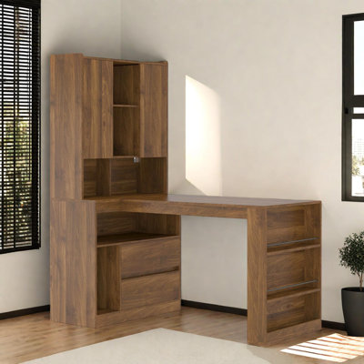 L-Shaped Desk With Drawers, Bookshelf, LED Lights And Storage