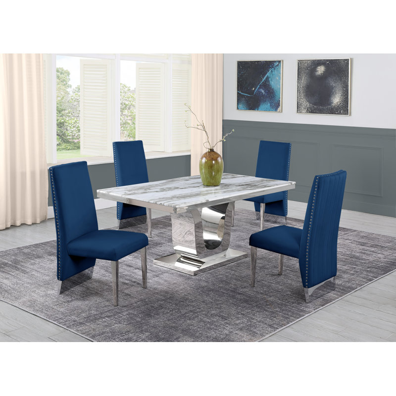 Ensemble de salle à manger en marbre blanc Andorra avec chaises d'appoint en velours, Blanc/argenté, 5, Bleu / Argent