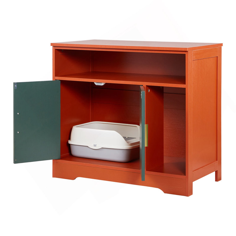 Enceinte de litière pour chat, armoire à litière cachée 31 po avec tablette et rangement, salle de bain intérieure pour chat de style moderne, table de bout en bois pour meuble pour chat, convient à la plupart des bacs à litière, rouge et vert