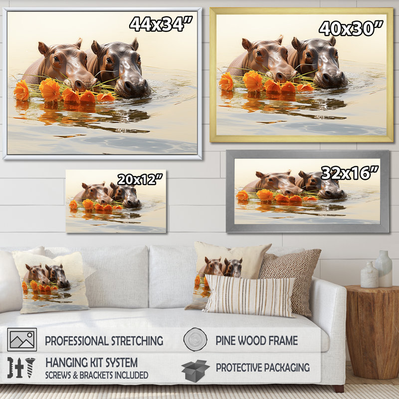 Sérénade romantique des rivières grises - art mural hippopotame, Cadre d'angle fermé doré, H 24 po x l 32 po x P 1 po