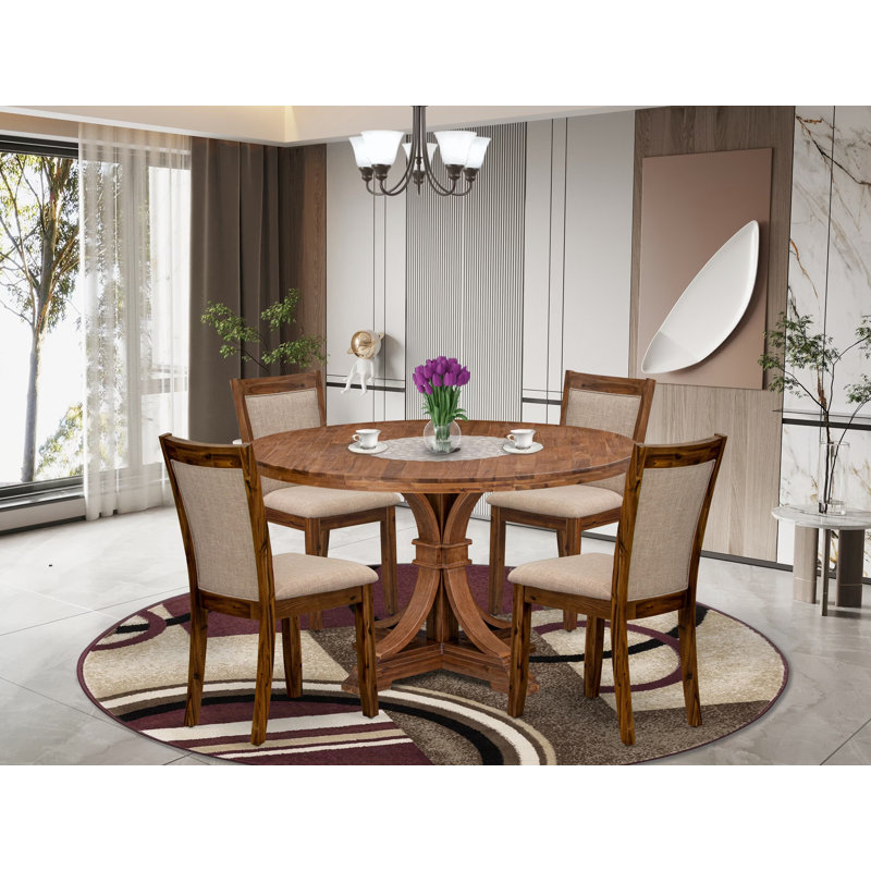 L'ensemble de salle à manger 5 pièces comprend une table ronde à piédestal et 4 chaises rembourrées en lin brun clair avec dossier rembourré - finition noyer antique