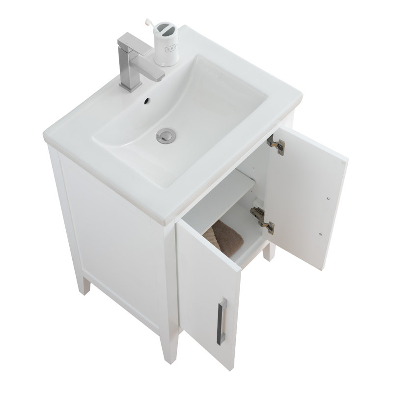 Meuble-lavabo simple 24 po avec plateau en céramique Chambery, Blanc, Nickel brossé, H 34,25 po x l 24,4 po x P 18,5 po