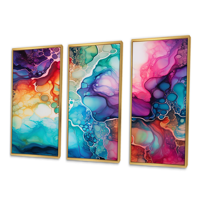 Ensemble d'art mural arc-en-ciel bleu sarcelle et mauve, Cadre flottant doré, H 28 po x l 36 po x P 1 po