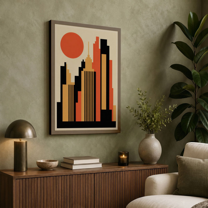 Urban Skyline Rising Art Deco - Wrapped Canvas, 24x16 - 61.0 x 40.6 cm, Terracotta Border