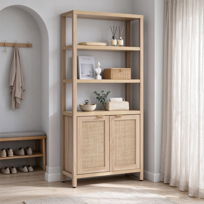 Rattan Bookshelf with Cabinet Doors, Large Boho Farmhouse Storage Rack for Living Room, Bedroom, Home Office & Kitchen