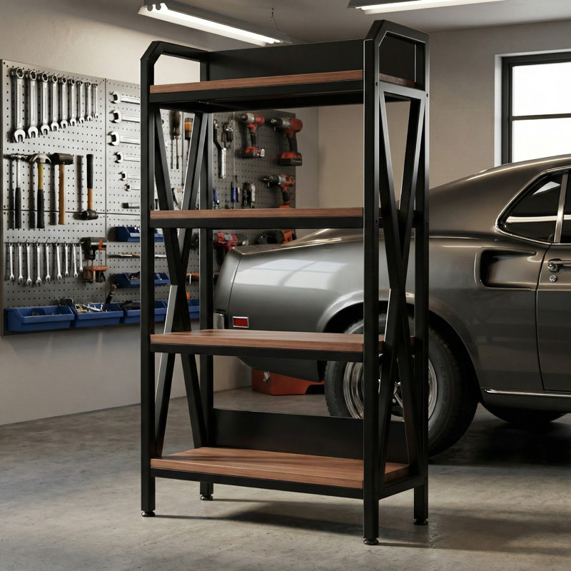 Étagère de boulanger à 4 niveaux avec structure en métal et tablettes en bois - Tablette ouverte rustique pour le garde-manger, la salle de bain et le garage