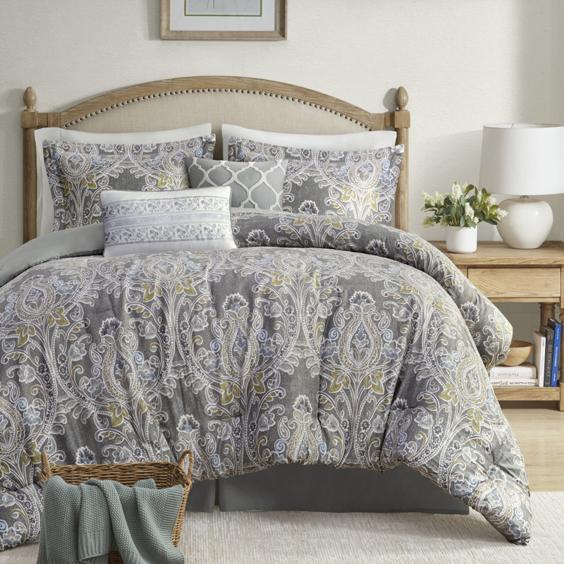 Ensemble d'édredon traditionnel gris 6 pièces Hallie, Édredon pour taille de lit très grand avec une j