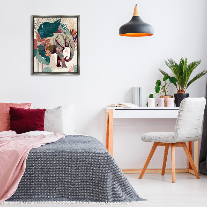 Éléphant et feuilles tropicales, art mural par Fab Funky, Cadre flottant gris lustré, H 31 po x l 25 po
