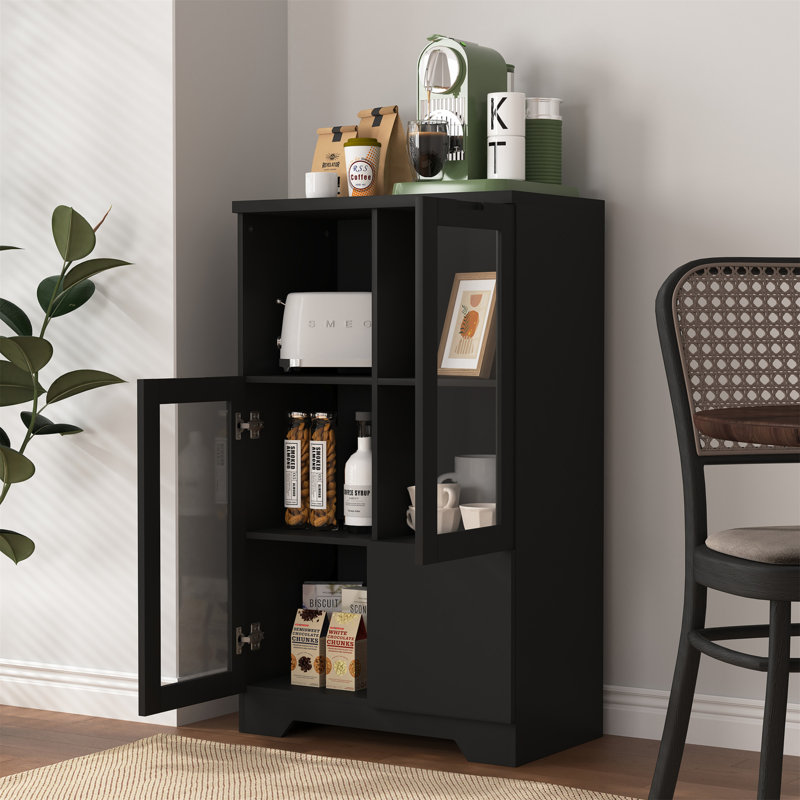 Wooden Floor Cabinet With 2 Glass Doors And 2 Storage Space,Living Room Bathroom Entryway, Black