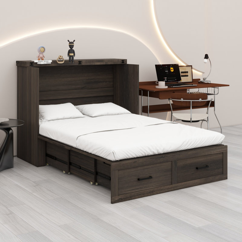 Lit plateforme pliable avec station de charge et grand tiroir de rangement, Gris rustique