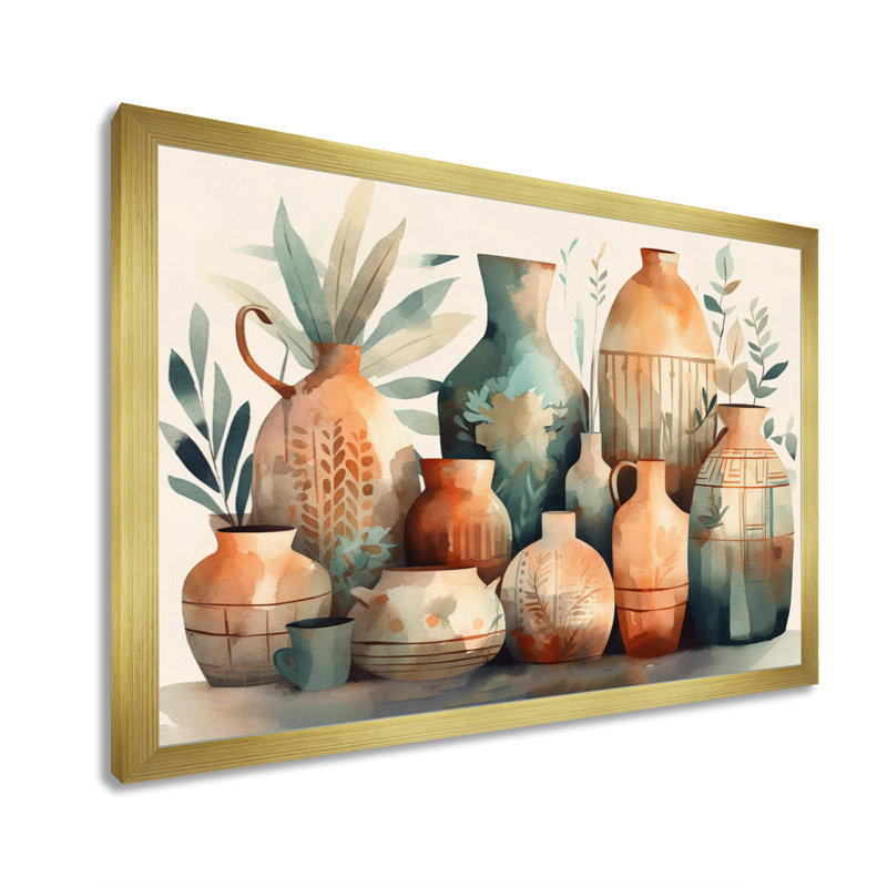 Vase en céramique orange et vert Rosslyn I - Boho Pottery, H 12 po x l 20 po x P 1 po, Encadrement doré