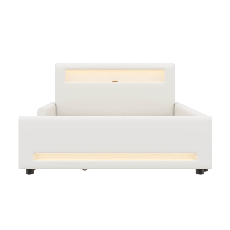 Lit plateforme double rembourré avec tiroir, éclairage à DEL et port USB, Lit double, Blanc