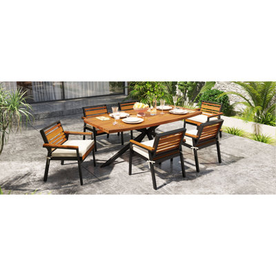 Ensembles de salle à manger de patio moderne, 7 pièces en métal acacia