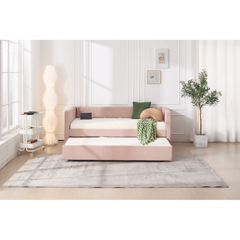 Lit de jour simple rembourré avec lit gigogne, port USB, poches latérales, dossier à motif en V moderne, aucun sommier nécessaire, pour chambre à coucher, chambre d'amis (rose, simple)