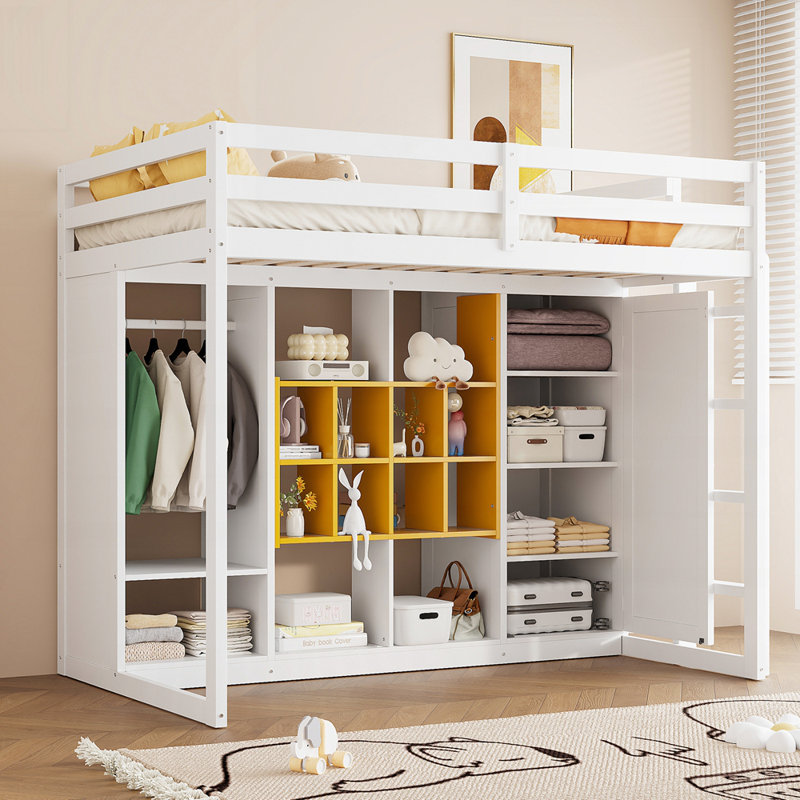 Lit mezzanine avec rangement intelligent et garde-robe ouvert, Lit simple, Jaune / Blanc