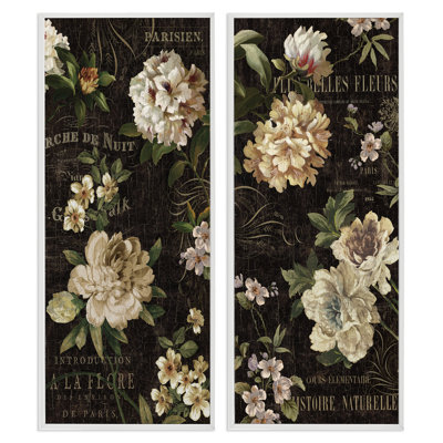 Vintage French Typography Flowers 2 Piece White Framed Giclee Art Set by Deborah Devellier