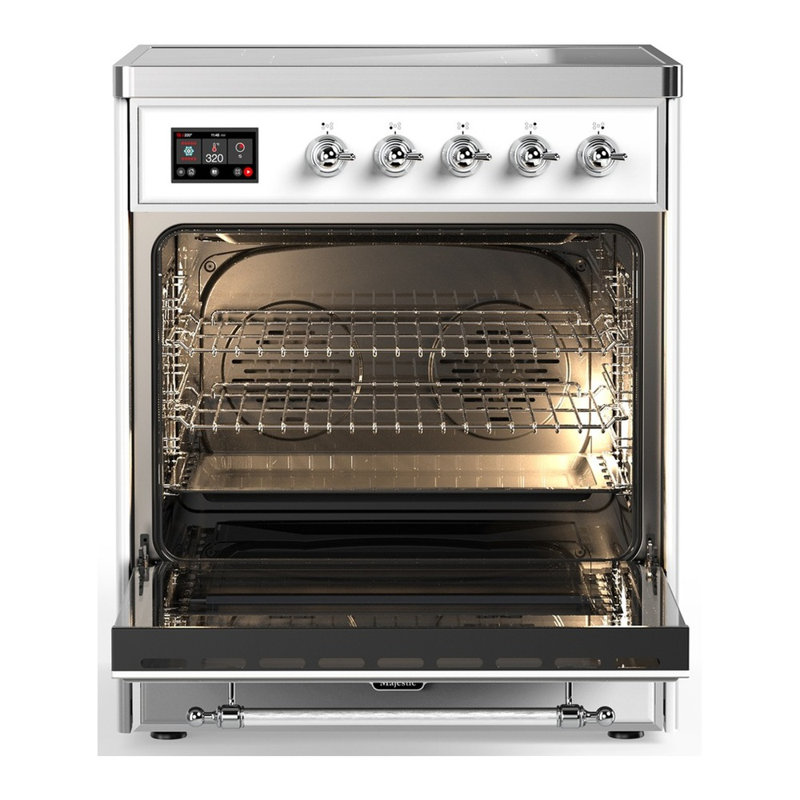 Cuisinière à induction ILVE Majestic III Series 30 po avec 4 éléments à induction (porte en verre), Blanc, Chrome chrome