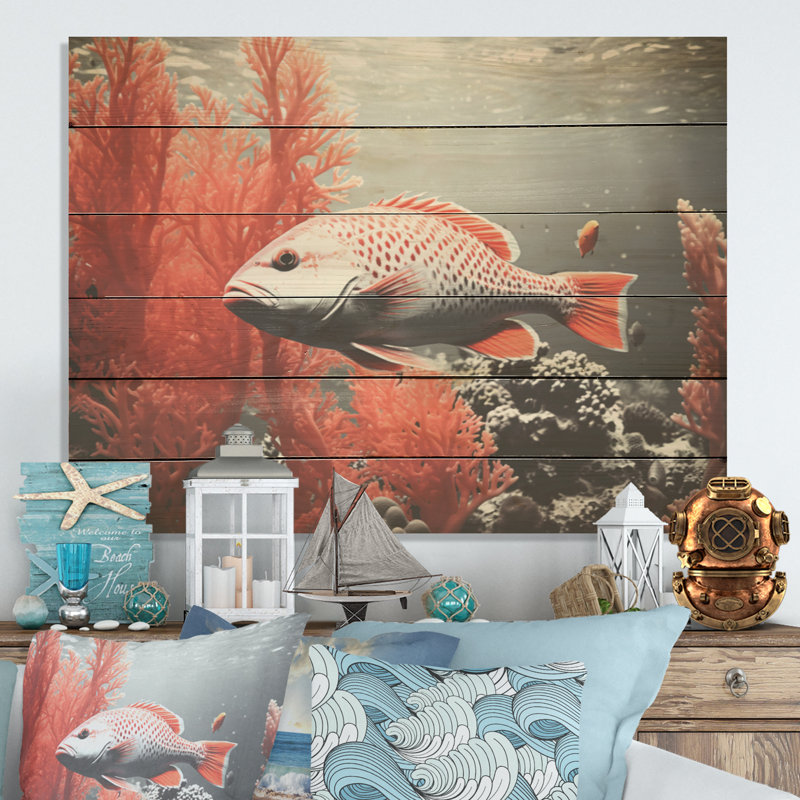 Monochrome Coral And Grey Fish Paddle I - Coastal Coral Under Water Wood Wall Art On Natural Pine Wood, 30" H x 40" W