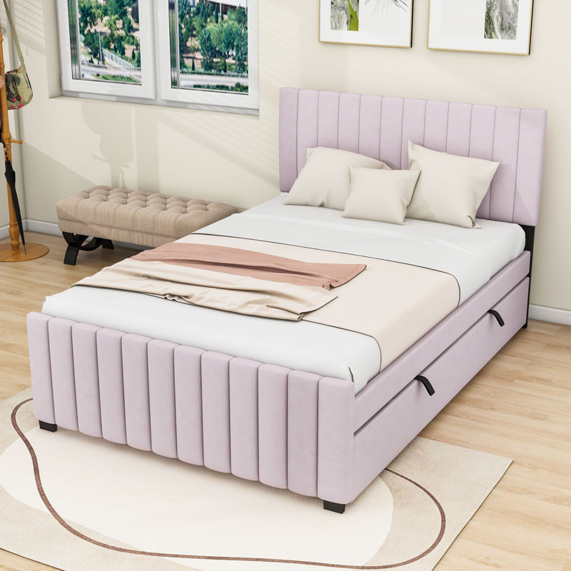 Lit plateforme tapissier avec lit gigogne et tête de lit, Double, Rose