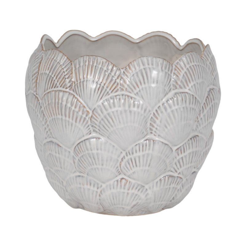 Stoneware Ceramic Planter with Embossed Scale Texture and Scalloped Rim Decorative Modern Pot, 8" H x 10" W x 10" D