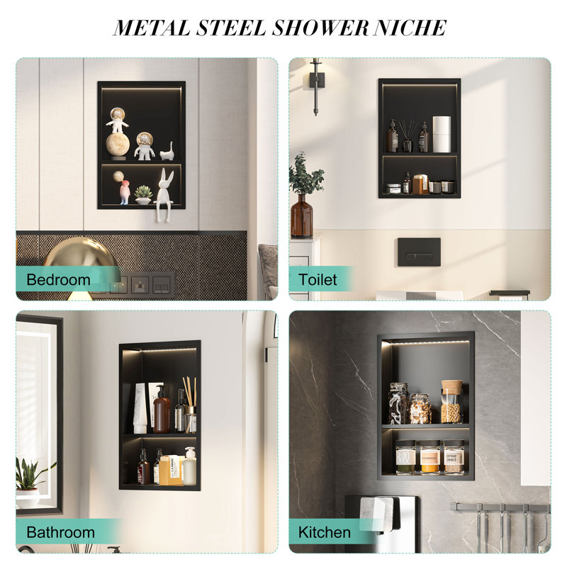 13"X 18.7" Wall Niche Recessed Metal Cabinet With COB LED light, Matte Black, Yes, 19.8" H x 17.72" W x 3.94" D