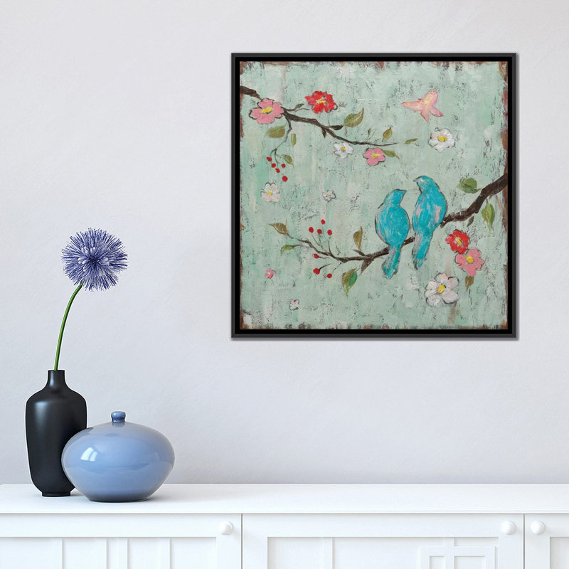«Love Birds I», reproduction d'art sur toile, H 18 po x l 18 po x P 1,5 po, Toile avec cadre noir, Pas de tapis