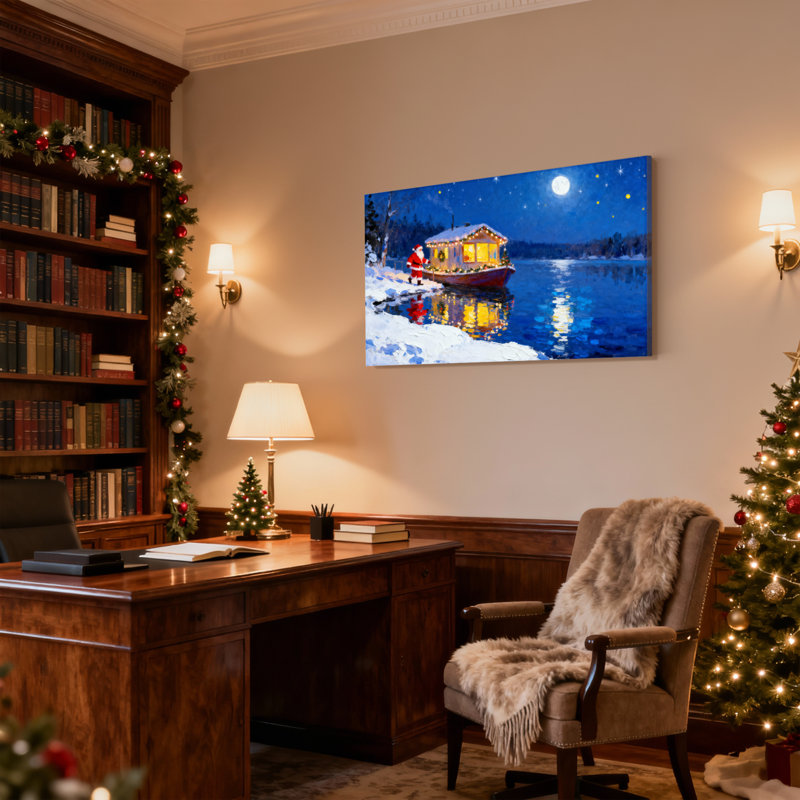 «Christmas Santa Boat Christmas Night Moon Snow Water Lights Tree», ensemble de 3 impressions d'art sur toile