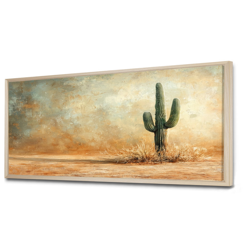 Minimalisme, cactus dans le désert, vent II - cactus, décoration murale, H 28 po x l 60 po, Cadre flottant, Crème, crème