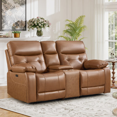 Causeuse inclinable électrique de 74,8 po de largeur - Cuir fleur avec double inclinaison, console de rangement, porte-gobelets et ports USB