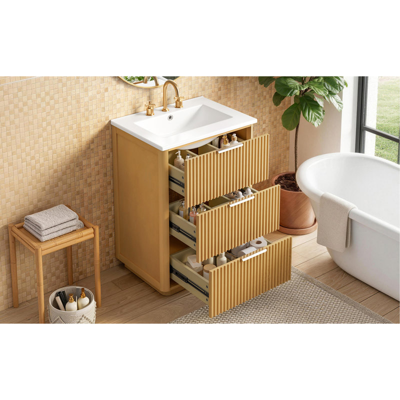Meuble-lavabo de luxe moderne 24 po avec lavabo en céramique, armoire de salle de bain avec tablette ouverte et rangement fermé