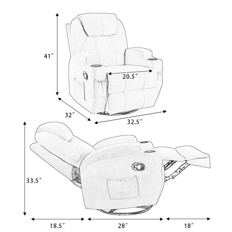 Basia 32.5" Wide Leather Adjustable Recliner with Massager，360° Rotatable, Brown Faux Leather