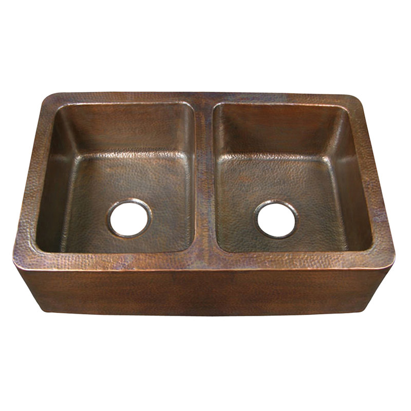 33.75'' L Double Bowl Copper Kitchen Sink