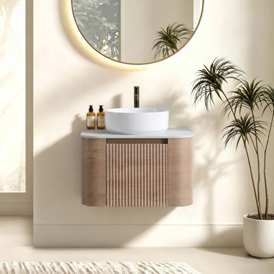 Natural Curved Bathroom Vanity with Soft-Close Storage and Towel Rack