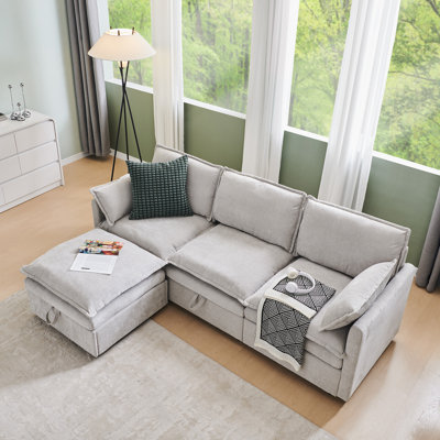 88.98" Sectional Couches for Living Room, Cloud Couch Sectional with Large Storage, L-Shape Modular Sectional Sofa with Ottoman, 4 Seater Chenille Sofa with Pillow