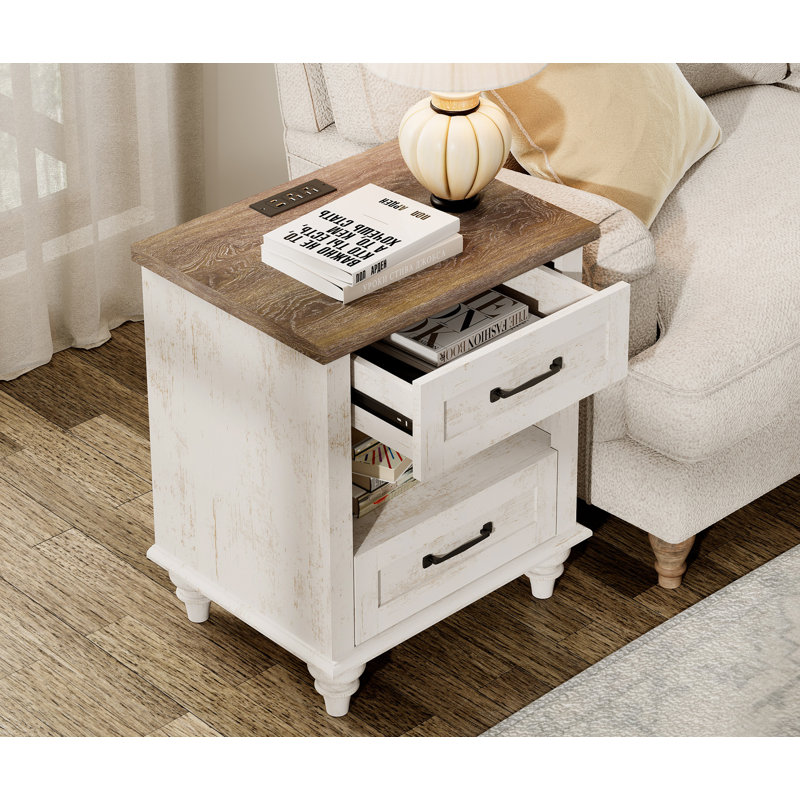 Endymion - Drawer End Table Set and Built-In Outlets, 1, Brown/Antique White