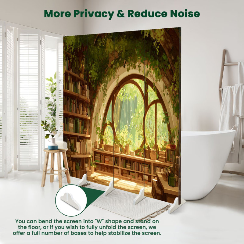 Cloison pliante à 4 panneaux avec paravent Royal Whimsical Treehouse Bibliothèque Sunlit Forest Views, 71" H x 64" W x 1" D