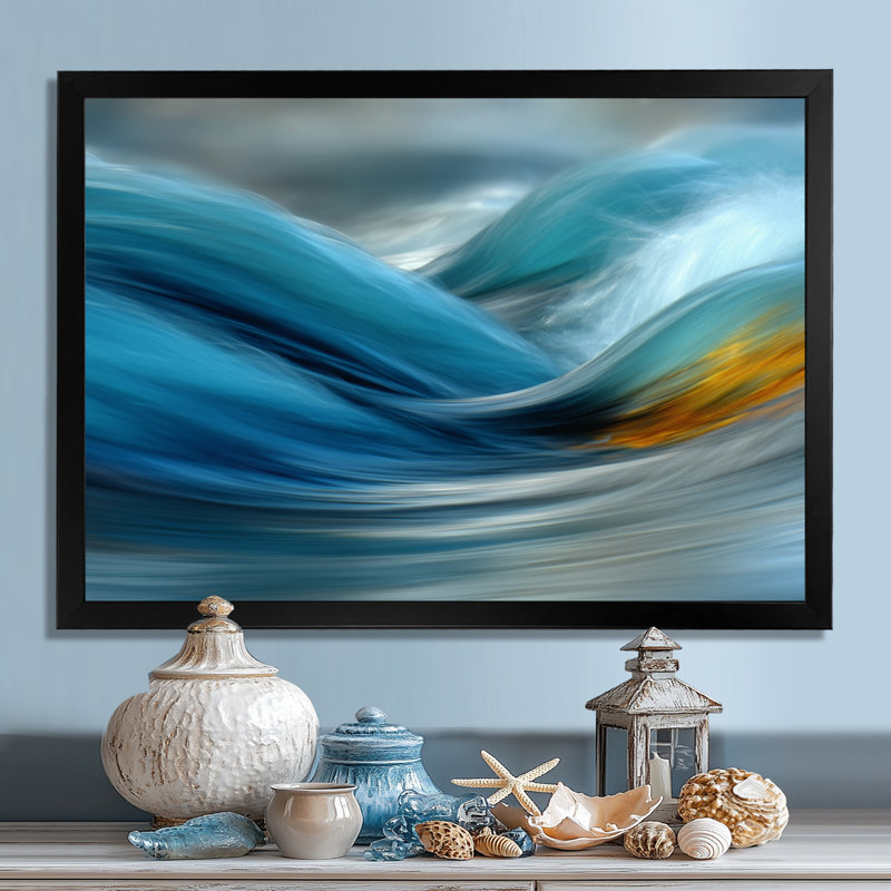 «Yellow Blue Wave», reproduction d'art sur toile encadrée jaune, H 12 po x l 20 po, Cadre photo unique, Noir