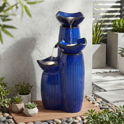 30" Ceramic Outdoor Water Fountain with LED Lights, Cascading Waterfall & 3-Tier Vertical Striped Texture Lotus Bowls in Cobalt Blue for Garden Patio Yard Porch Relaxation