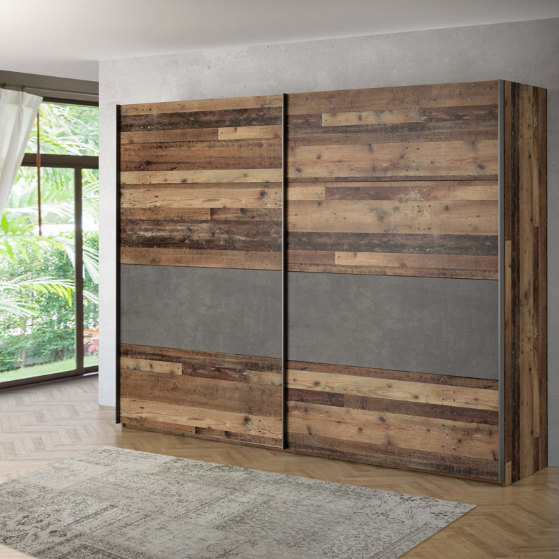 Huguley 2 Door Manufactured Wood Wardrobe, 210.5cm H x 269.9cm W x 61.2cm D, Brown/Grey