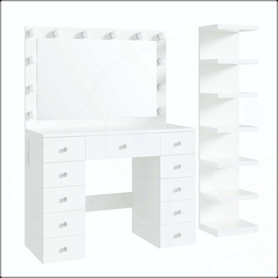 Vanity Desk with 11 Drawers and 7-Tier Side Shelf