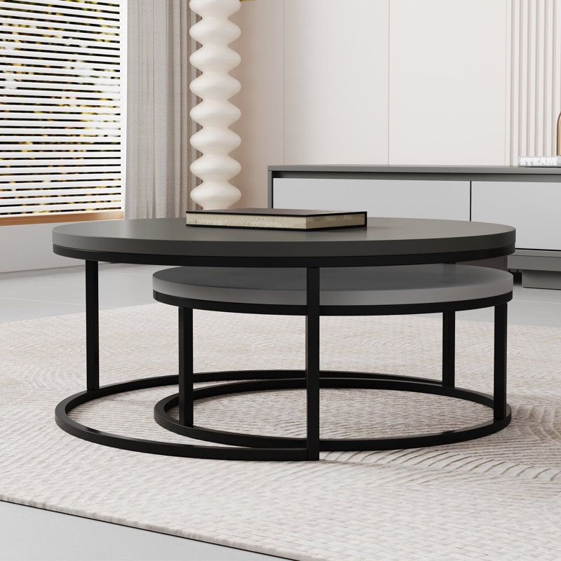 Carbon Steel Nesting Coffee Tables Set - Round Extendable Design with Durable Panel for Living Rooms, Grey
