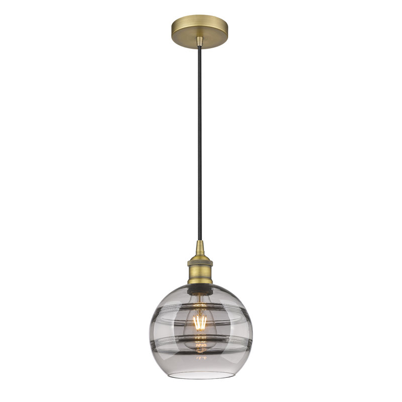 Luminaire suspendu 1 lumière Edison Bienes-616-G556, Gris fumée clair, H 9,88 po x l 8 po x P 8 po, Laiton brossé