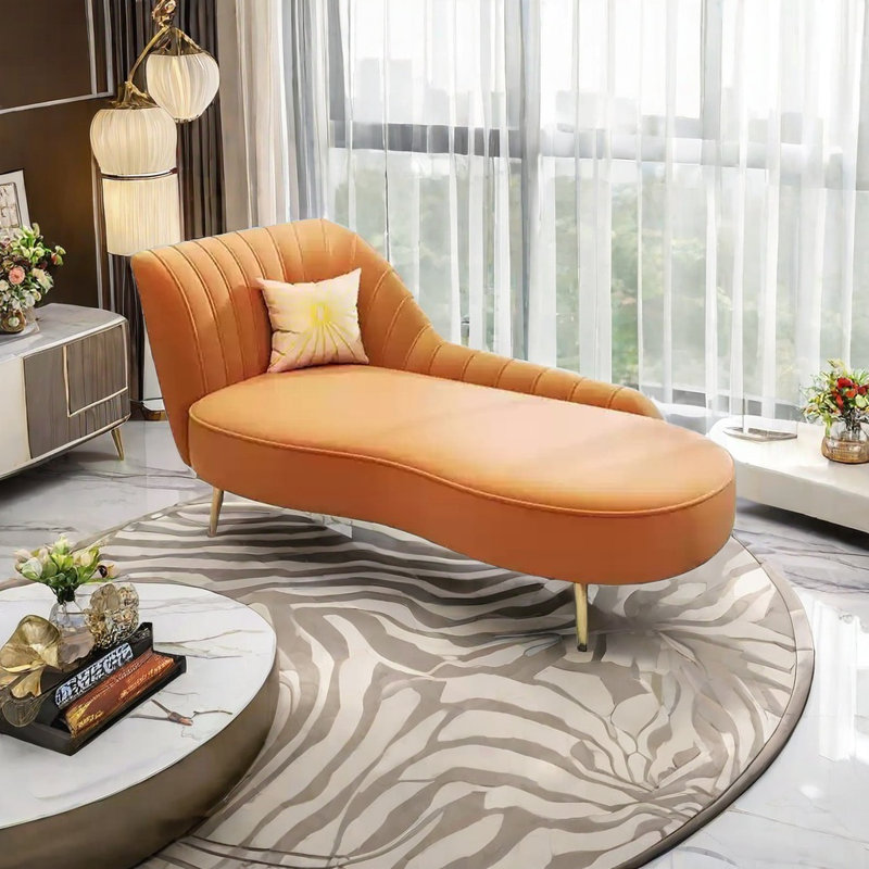 Solid Wood Frame Sofa with Gold-Plated Legs, Orange Leather Match
